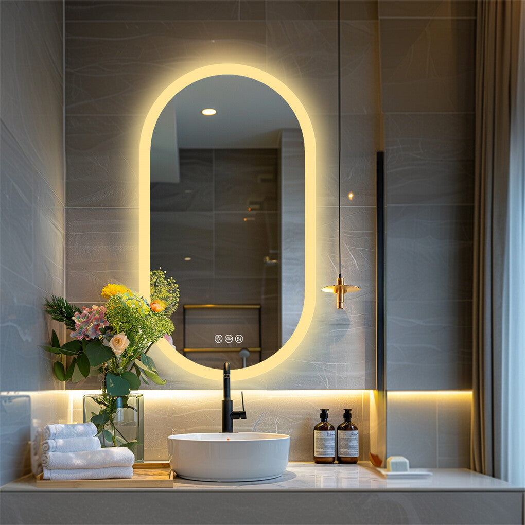 Oval Lighted LED Bathroom Mirror Pill Shaped Anti-Fog Smart Makeup Vanity Mirror