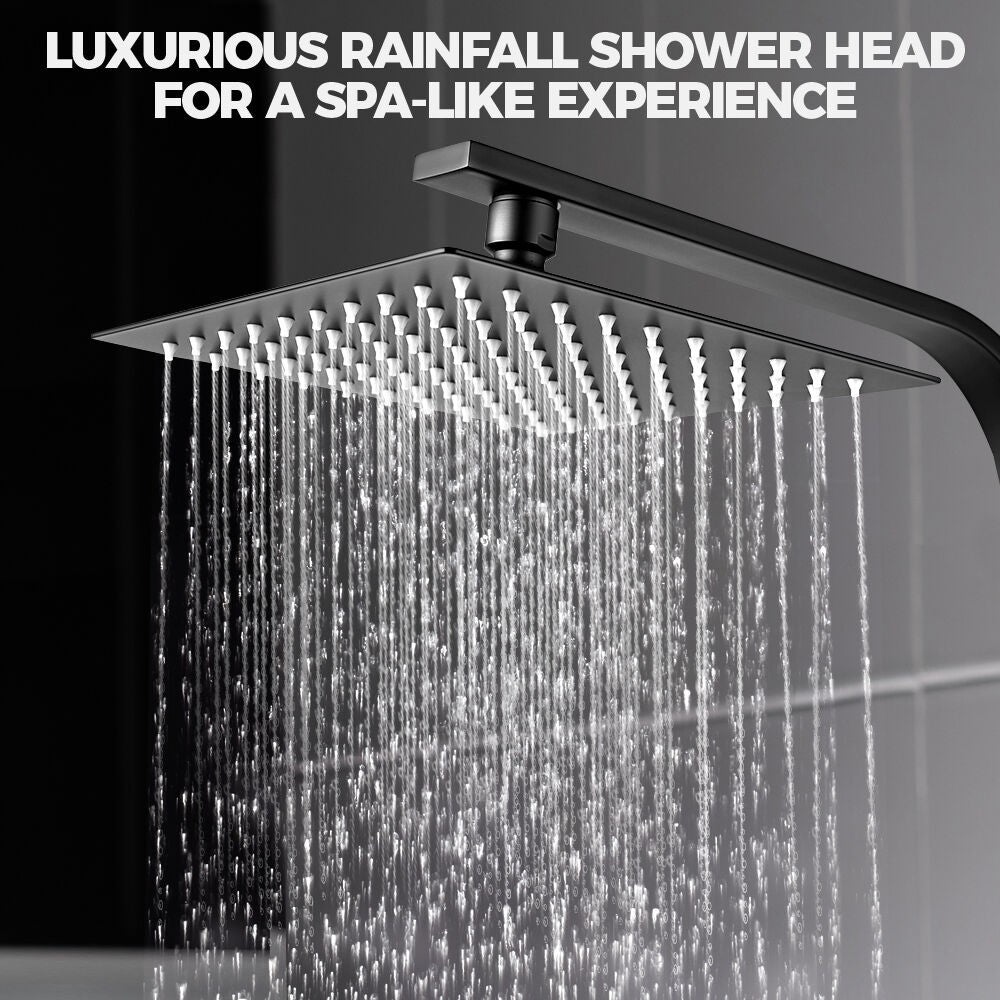 Simplus 8" Rain Shower Head Set Square Gooseneck Shower Arm Wall Mounted Black