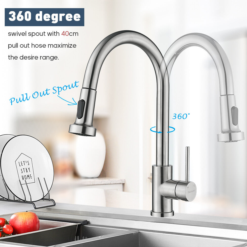 Decaura Kitchen Mixer Tap pull out Brushed Nickel 360° Swivel 2-Mode Spray