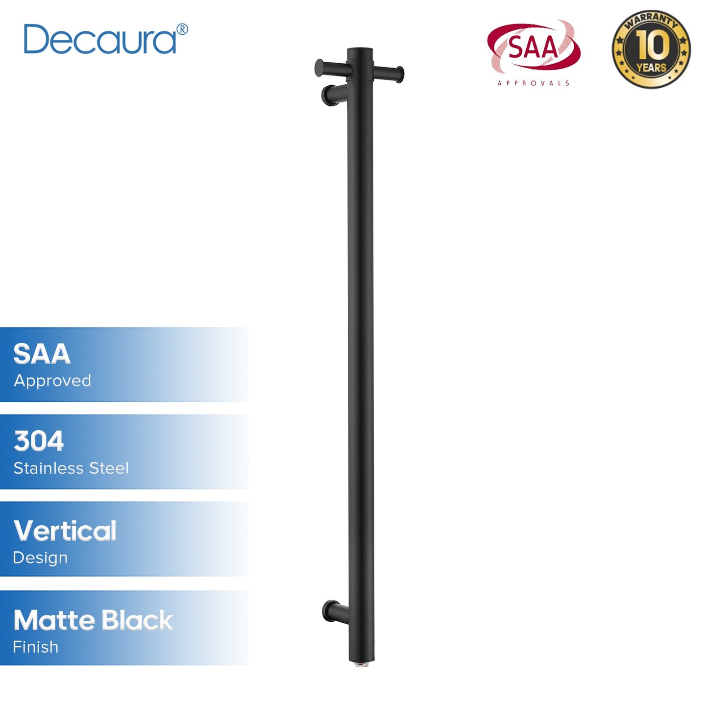 Decaura Wall Mounted Heated Towel Rail Vertical Black Round 304 Stainless Steel