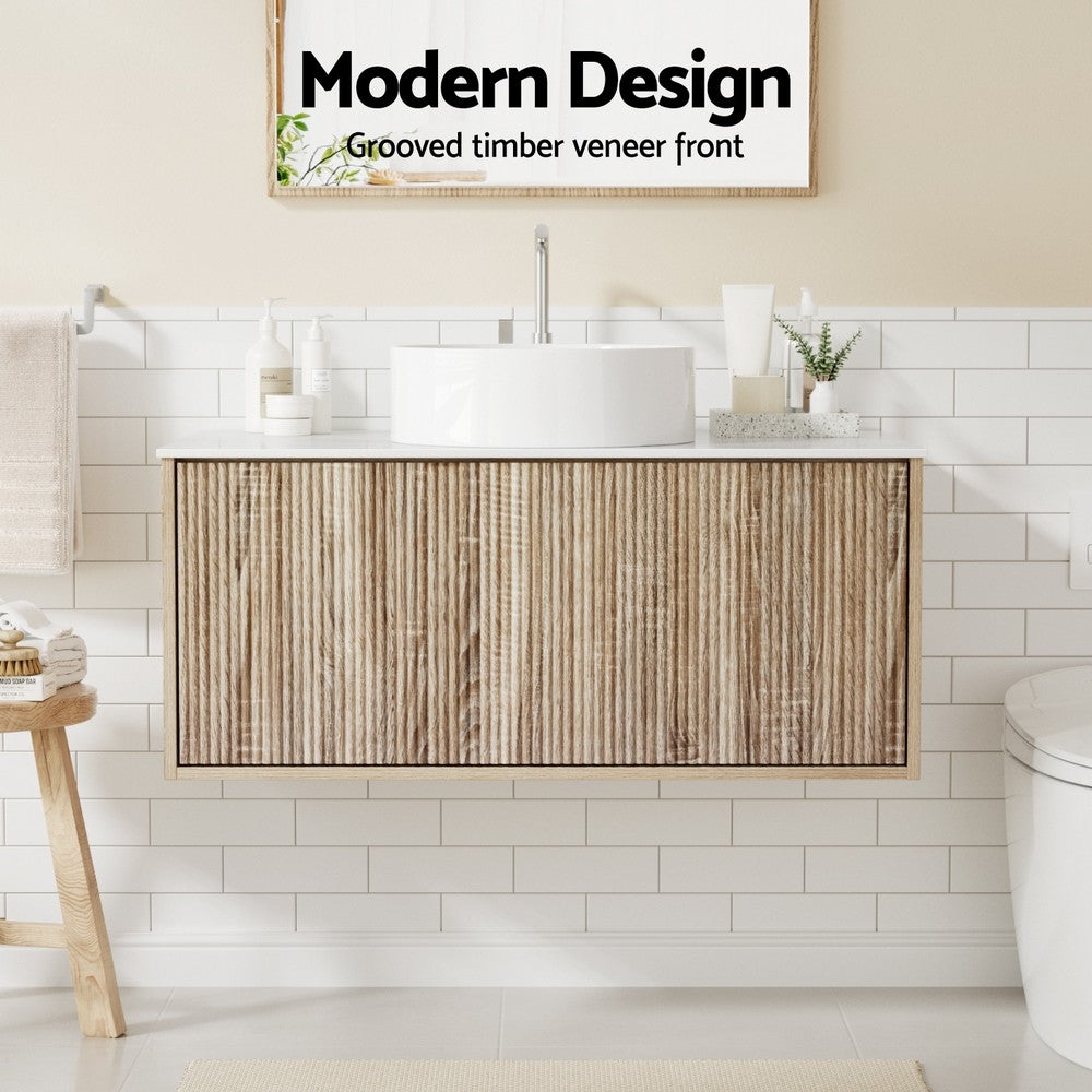 Cefito Vanity Unit 900mm Bathroom Cabinet Storage Wall Hung Oak Grooved Timber