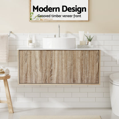 Cefito Vanity Unit 900mm Bathroom Cabinet Storage Wall Hung Oak Grooved Timber