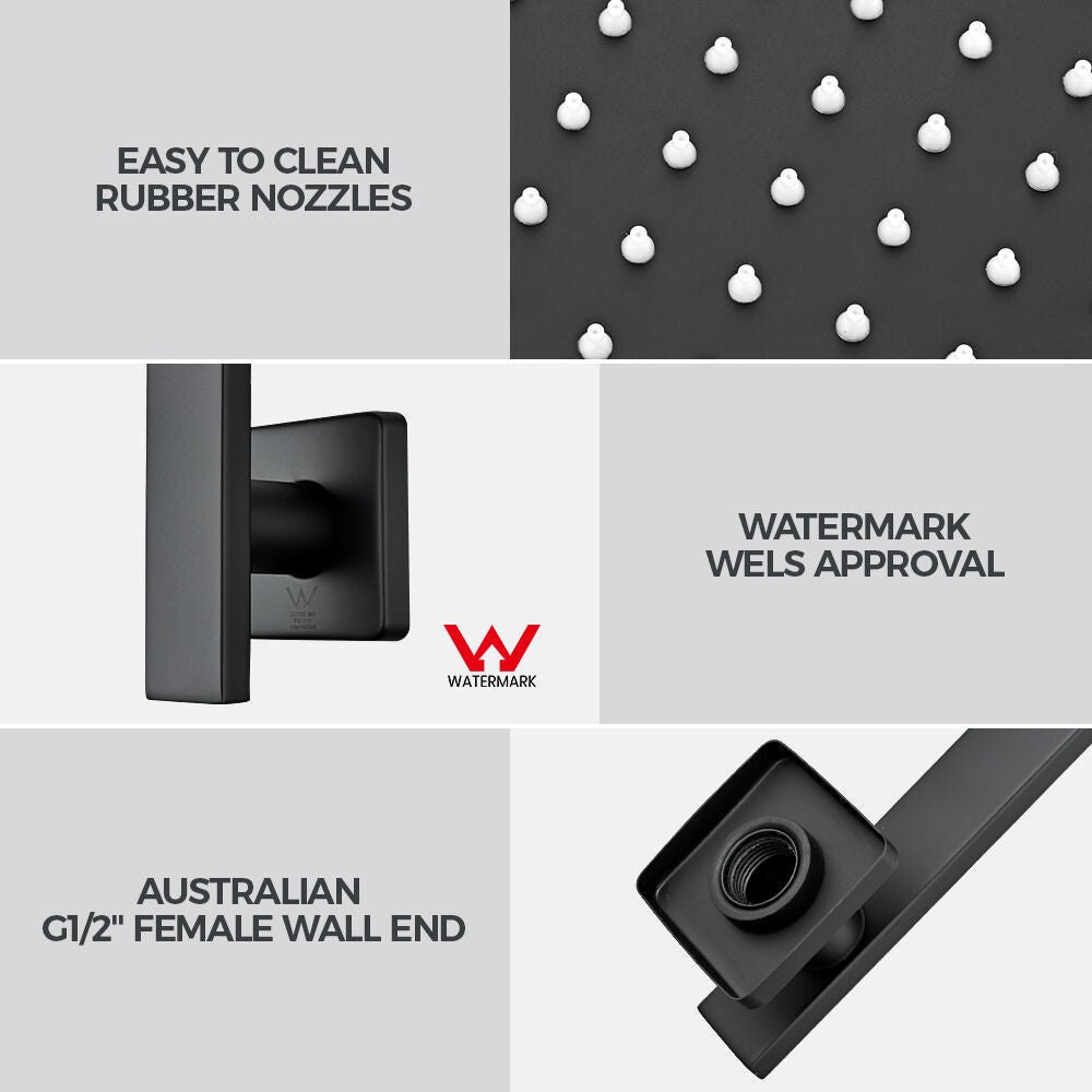 Simplus 8" Rain Shower Head Set Square Gooseneck Shower Arm Wall Mounted Black