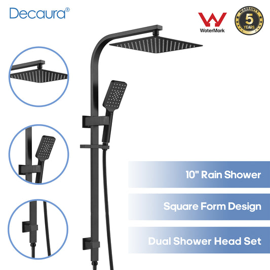 Decaura 10" Rain Shower Head Set Black Square Rail Shower with Overhead