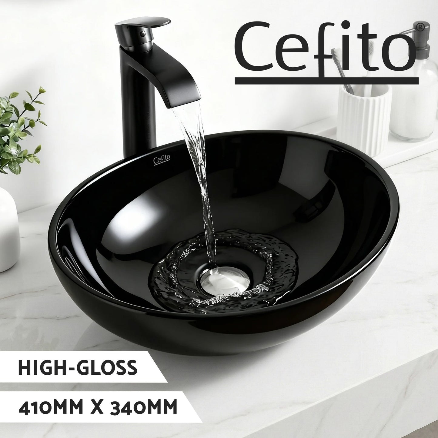 Cefito Bathroom Basin Vanity Sink Vessel Bowl Ceramic Wash Oval Countertop Black