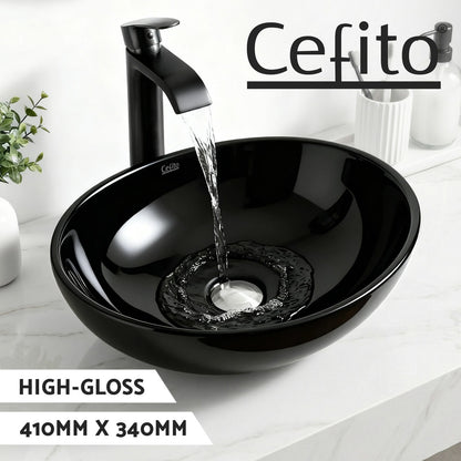 Cefito Bathroom Basin Vanity Sink Vessel Bowl Ceramic Wash Oval Countertop Black