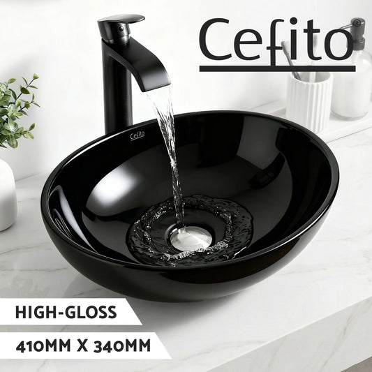 Cefito Bathroom Basin Vanity Sink Vessel Bowl Ceramic Wash Oval Countertop Black