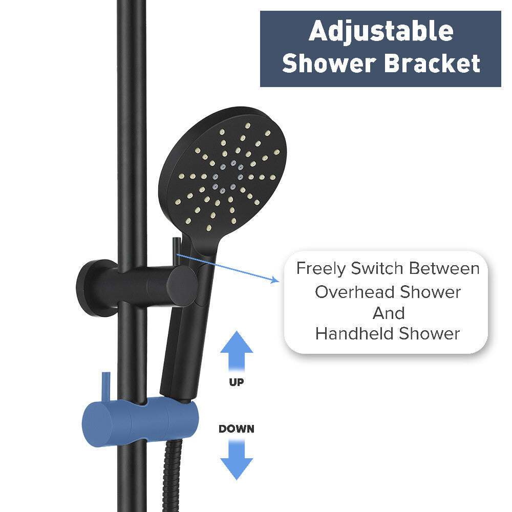 WELS 9" Rain Shower Head Set Black Round Long Rail Gooseneck Arm 3-Mode Hand
