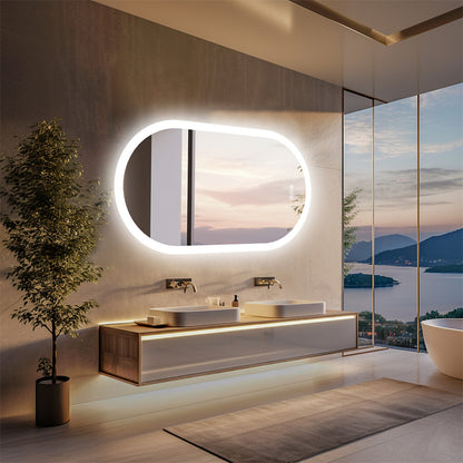 Oval Lighted LED Bathroom Mirror Pill Shaped Anti-Fog Smart Makeup Vanity Mirror