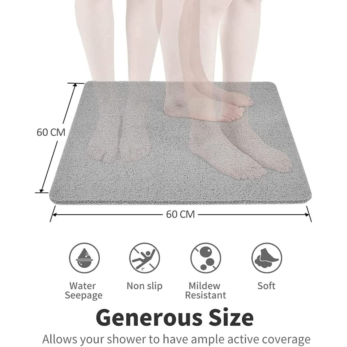 Loofah Bathroom Shower Mat Non Slip Anti Mould PVC Bath Mat Quick Drying 60cm