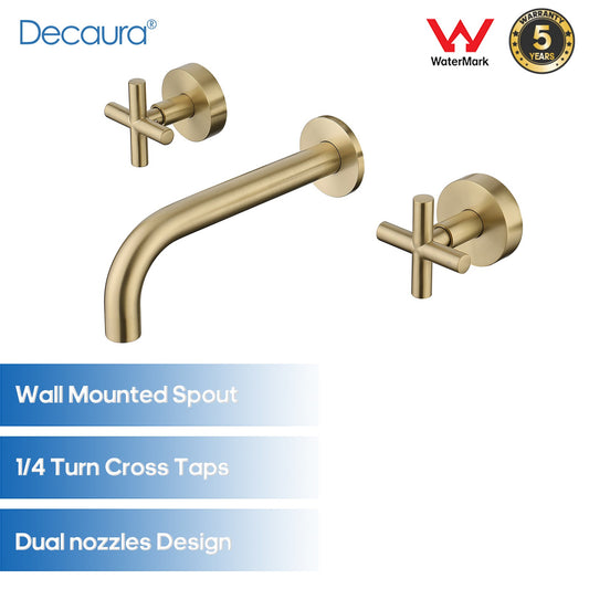 Decaura Bath Tap Set Wall Mount Brushed Gold 1/4 Turn Cross Handle Bathroom