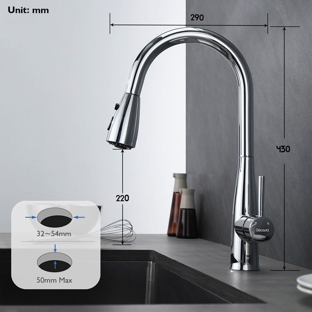 Decaura Tall Kitchen Tap Sink Mixer Laundry Faucet Pull Out Chrome 3-Mode Spray