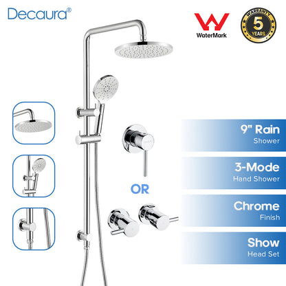 Decaura 9" Rain Shower Head Set Chrome 3-Mode Hand Gooseneck Arm Shower Taps