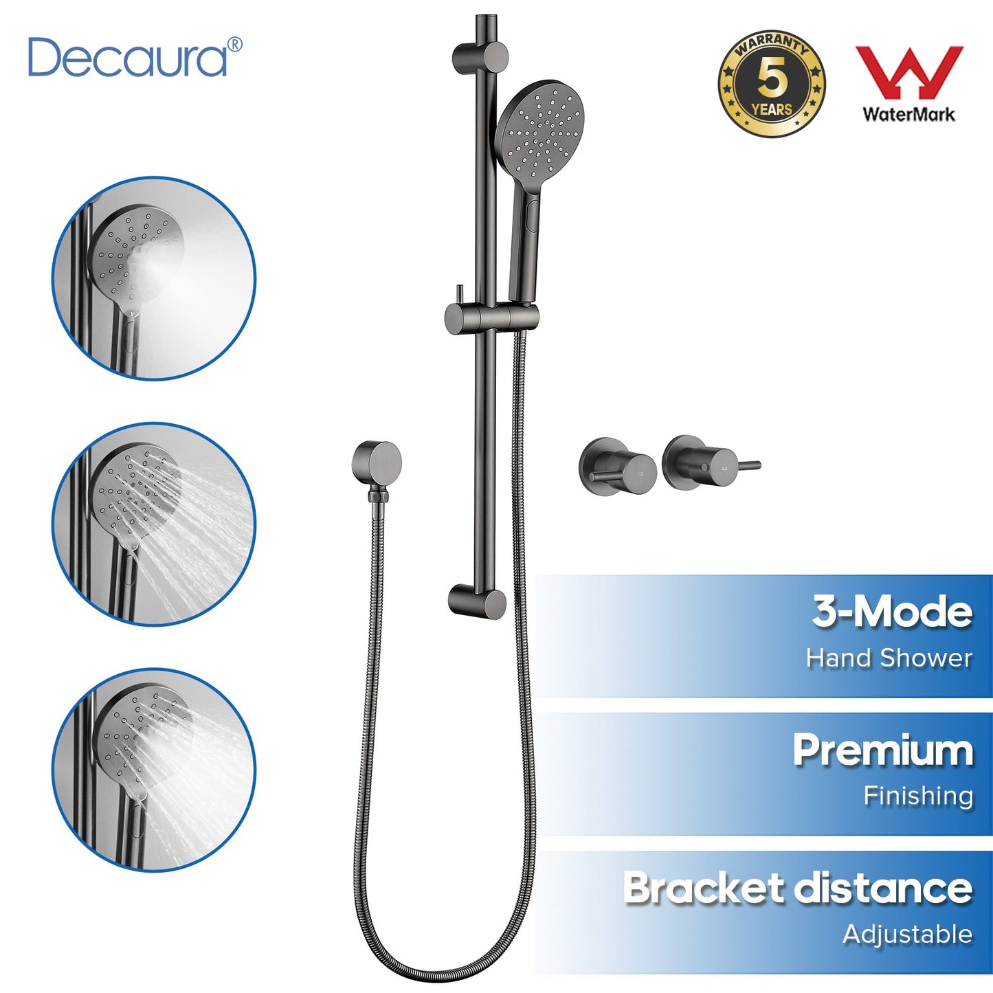 Decaura 3-Mode Hand Held Shower Head Set SHower Rail Brushed Gunmetal Mixer Taps