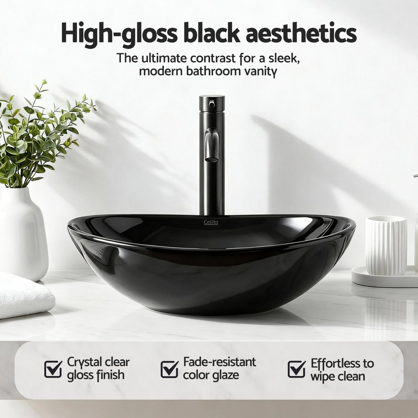 Cefito Bathroom Basin Vanity Sink Vessel Bowl Ceramic Wash Oval Countertop Black