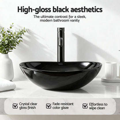 Cefito Bathroom Basin Vanity Sink Vessel Bowl Ceramic Wash Oval Countertop Black