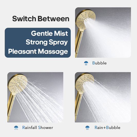 Brushed Gold Hand Held Shower Head and 1.5m Shower Hose 3-Mode Spray Bathroom