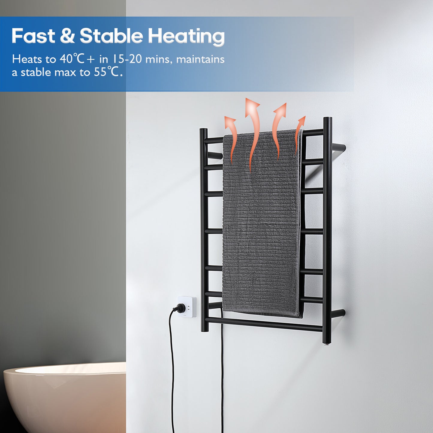 Decaura Heated Towel Rail Wall Mounted 7 Rungs Matte Black 304 Stainless Steel
