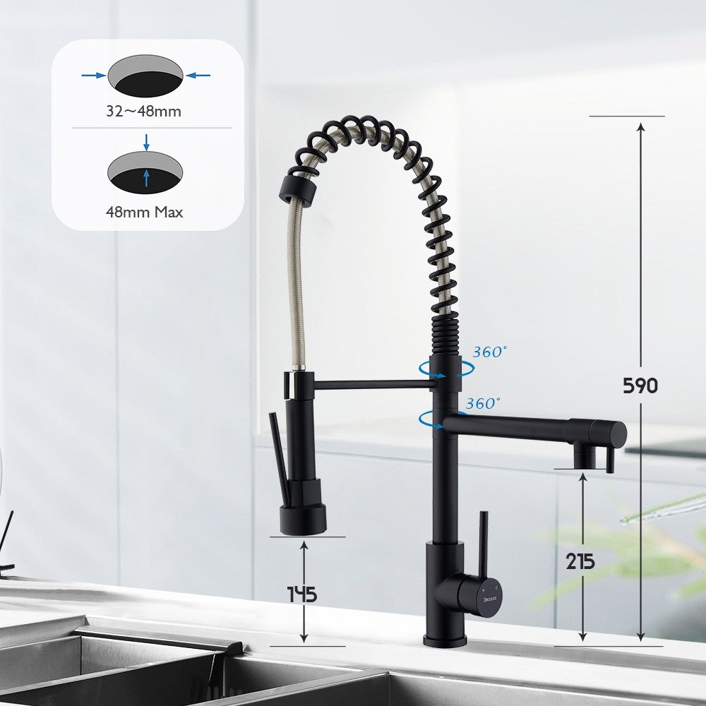 Decaura Spring Kitchen Mixer Tap Pull Out Black with 2 Water Outlet Swivel Arm