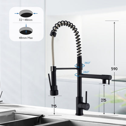 Decaura Spring Kitchen Mixer Tap Pull Out Black with 2 Water Outlet Swivel Arm
