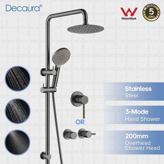 Decaura 8" Rain Shower Head Set Brushed Gunmetal Shower Taps Wall Tapware WELS