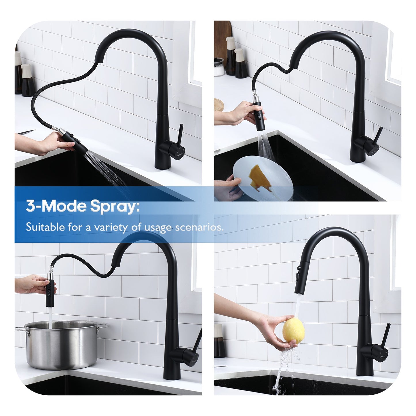Decaura Kitchen Tap Black Pull Out 3-Mode Spray Head Gooseneck Swivel Arm Luxury