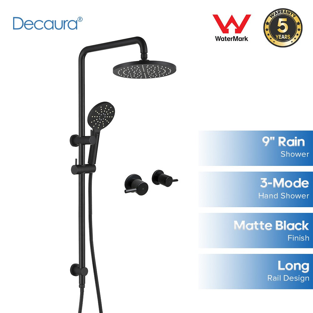 Decaura Shower Head Set Black 9" Rainfall Round Bathroom Wall Mount Mixer Taps