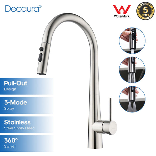 Decaura Kitchen Sink Mixer Tap Faucet Pull Out 3-Mode Metal Spray Head Stainless