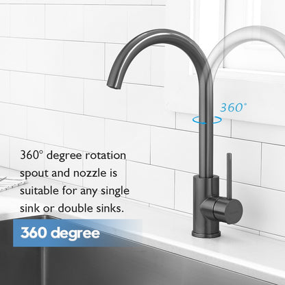 Decaura Kitchen Sink Mixer Tap Brushed Gunmetal Grey Swivel Gooseneck Arm Round