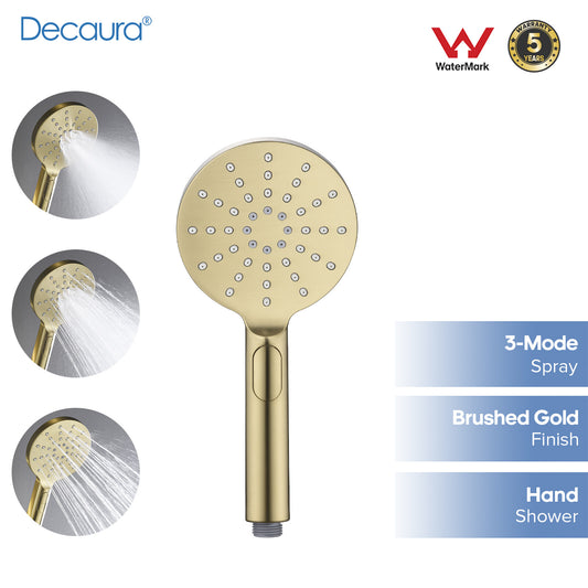 Decaura Hand Held Shower Head with 3-Mode Spray Brushed Gold Round Bathroom
