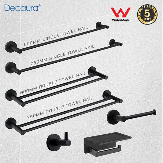 Decaura Towel Rail Racks 600mm/750mm Toilet Paper Roll Holder Hooks Holder Black