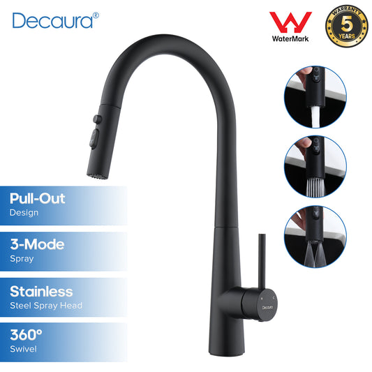 Decaura Kitchen Tap Black Pull Out 3-Mode Spray Head Gooseneck Swivel Arm Luxury