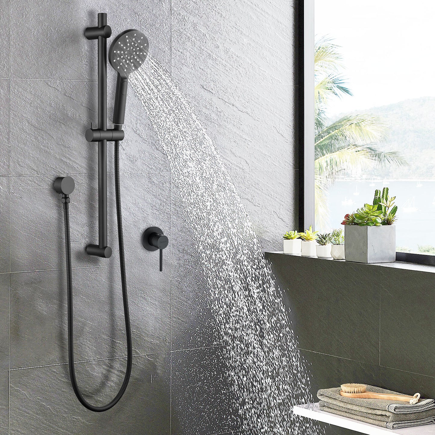 Decaura Shower Rail Set Black Hand Held Head On Sliding Bar Shower Mixer Tap
