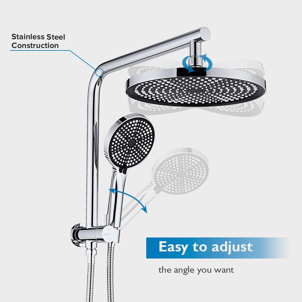 Decaura 10" shower head set chrome gooseneck shower arm 3-mode hand held shower