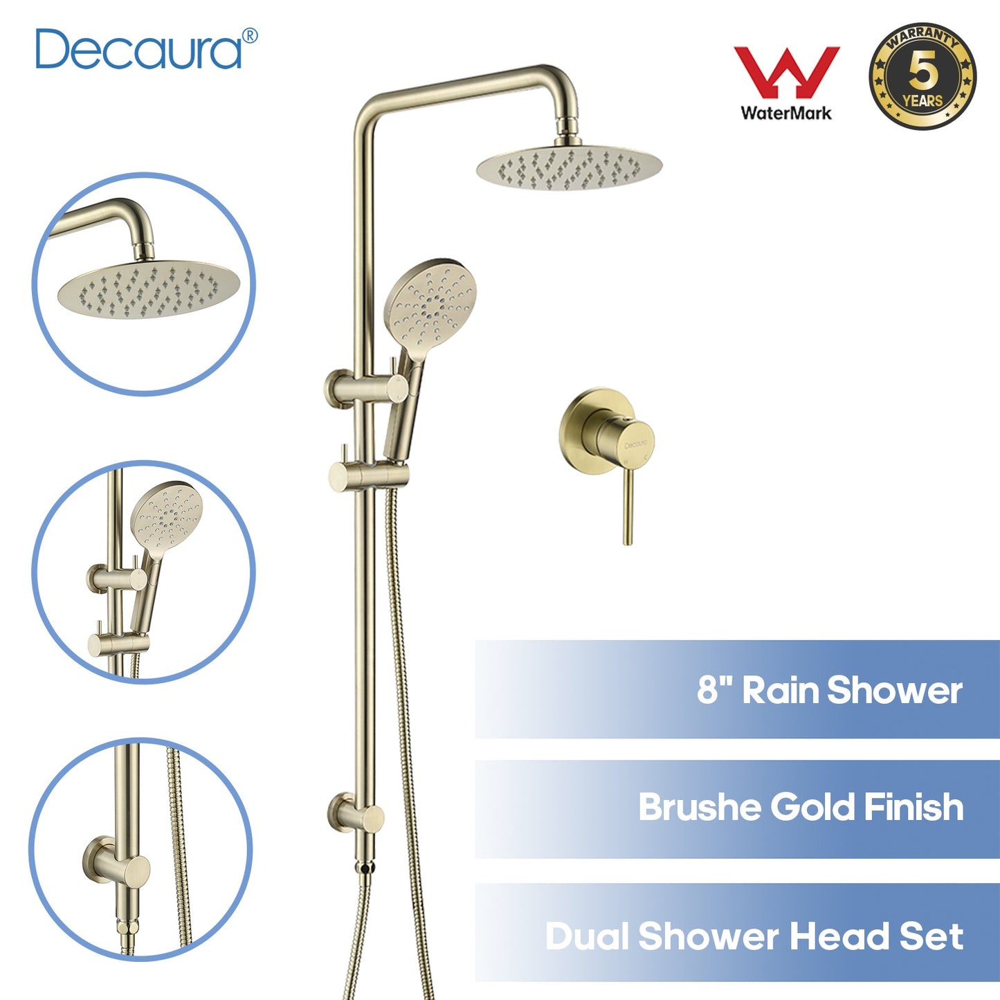 Decaura Shower Head Set Gooseneck Arm Brushed Gold/Black/Chrome/Gunmetal WELS