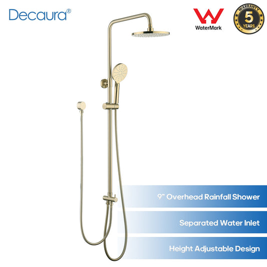 Decaura 9" Rain Shower Head Set Brushed Gold Separate Water Inlet Elbow Round