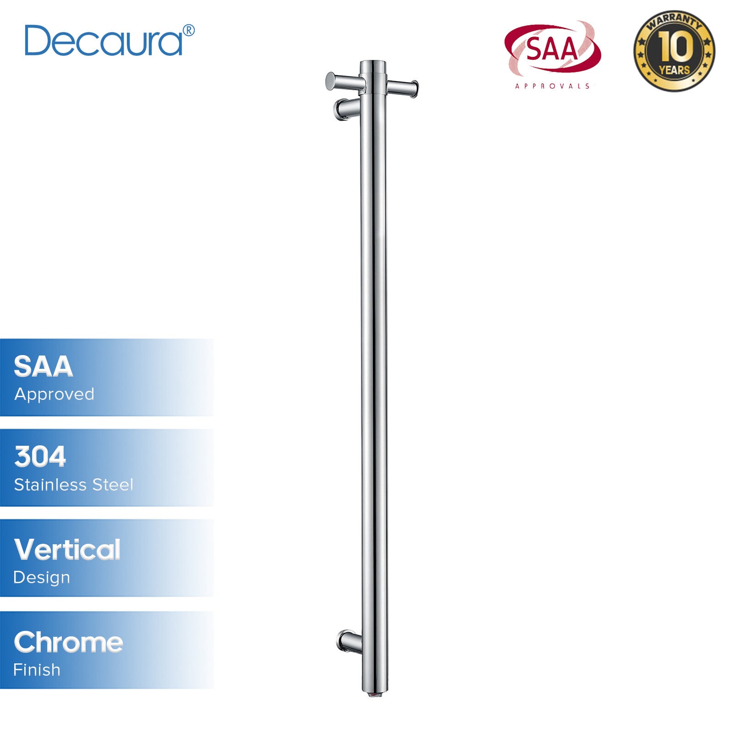 Decaura Wall Mounted Heated Towel Rail Rack Vertical 1 Bar 304 Stainless Steel