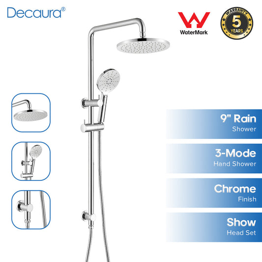 Decaura 9" Rain Shower Head Set Chrome 3-Mode Hand Gooseneck Arm Shower Taps