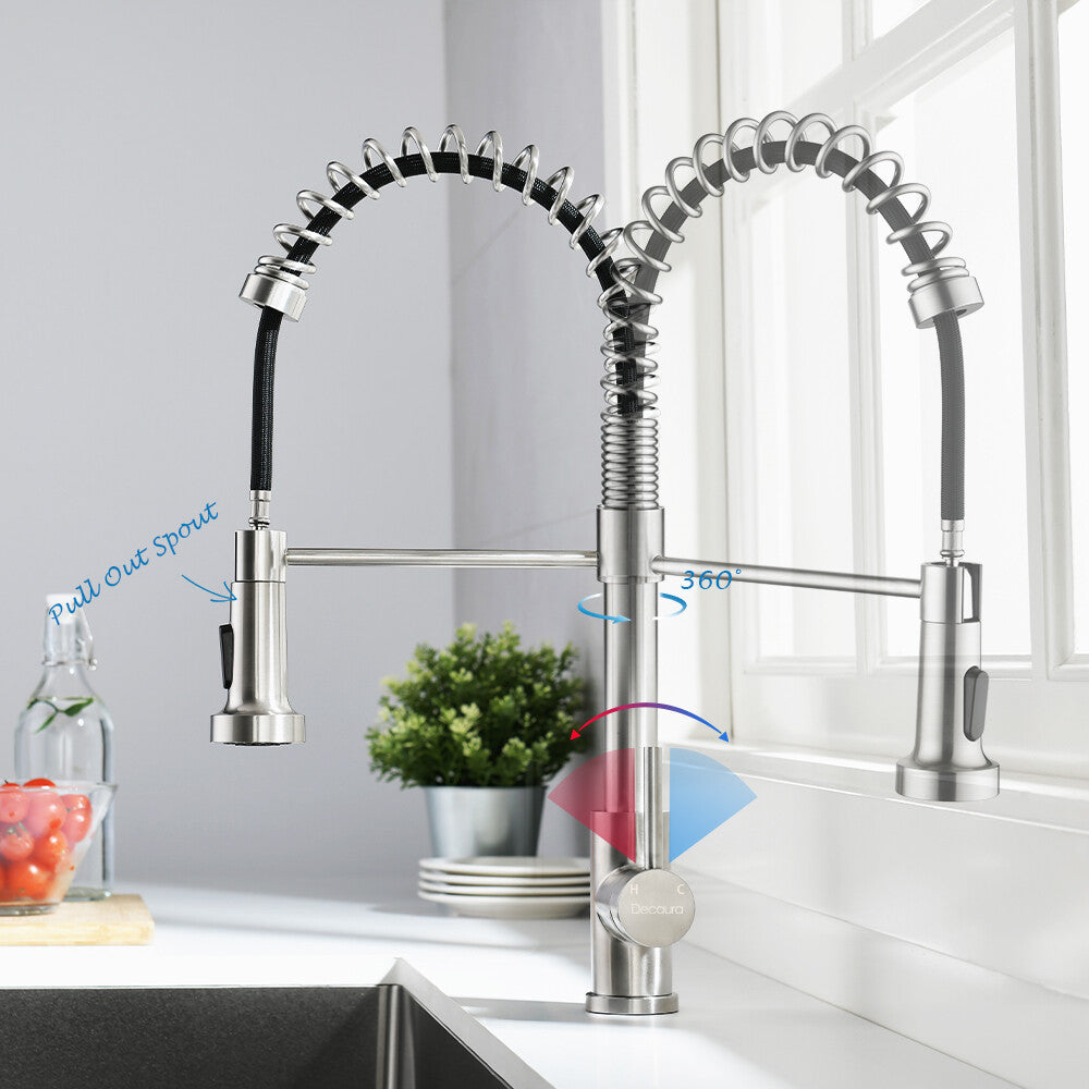 Kitchen Tap Brushed Nickel with pull out Spray 2-Mode Sink Faucet 360° swivel