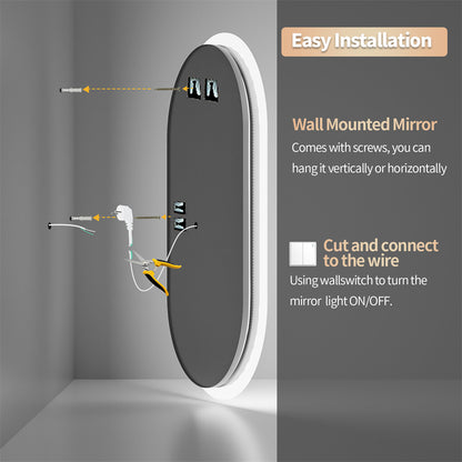 Oval Lighted LED Bathroom Mirror Pill Shaped Anti-Fog Smart Makeup Vanity Mirror