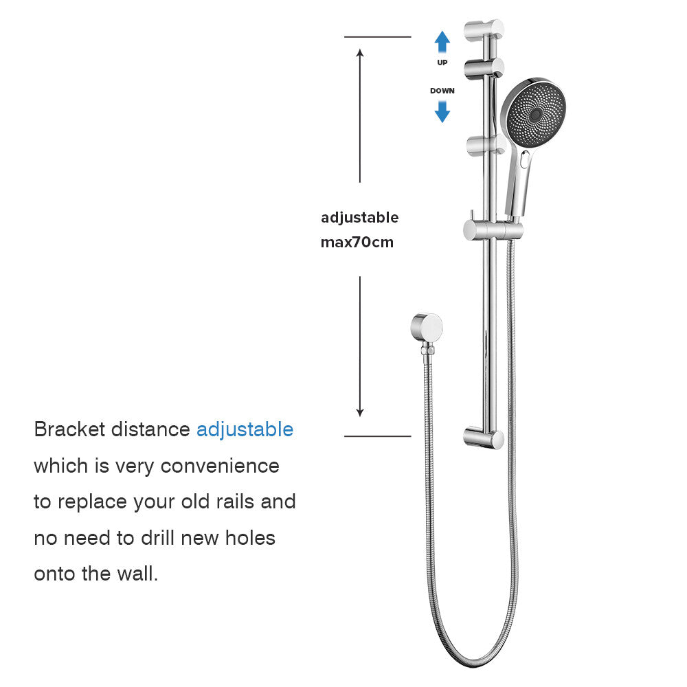 WELS Hand Held Shower Head on Sliding Rail Bar Chrome Round Shower Mixer Taps