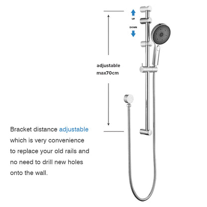 WELS Hand Held Shower Head on Sliding Rail Bar Chrome Round Shower Mixer Taps