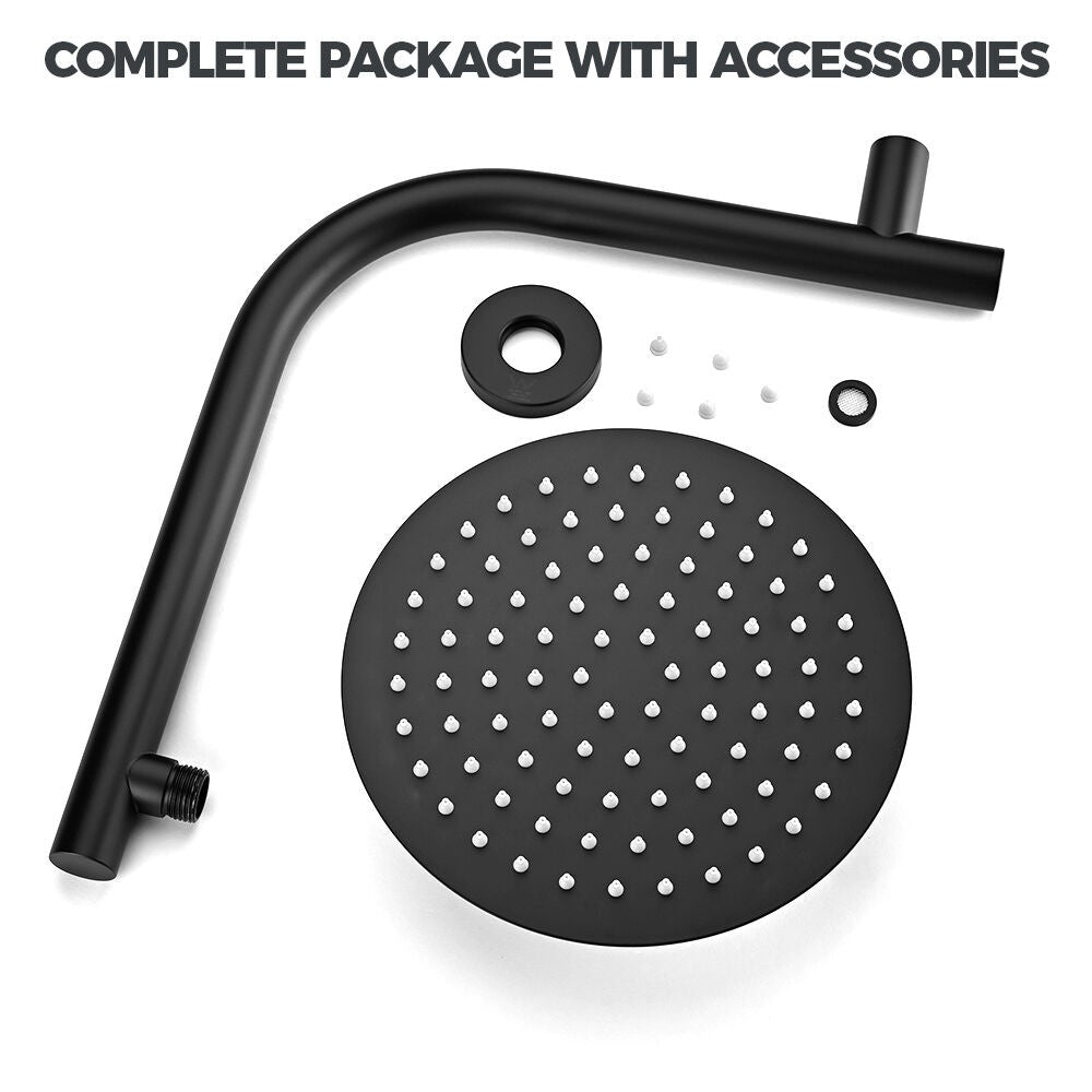 Simplus 8" Rain Shower Head Set Round Gooseneck Shower Arm Wall Mounted Black