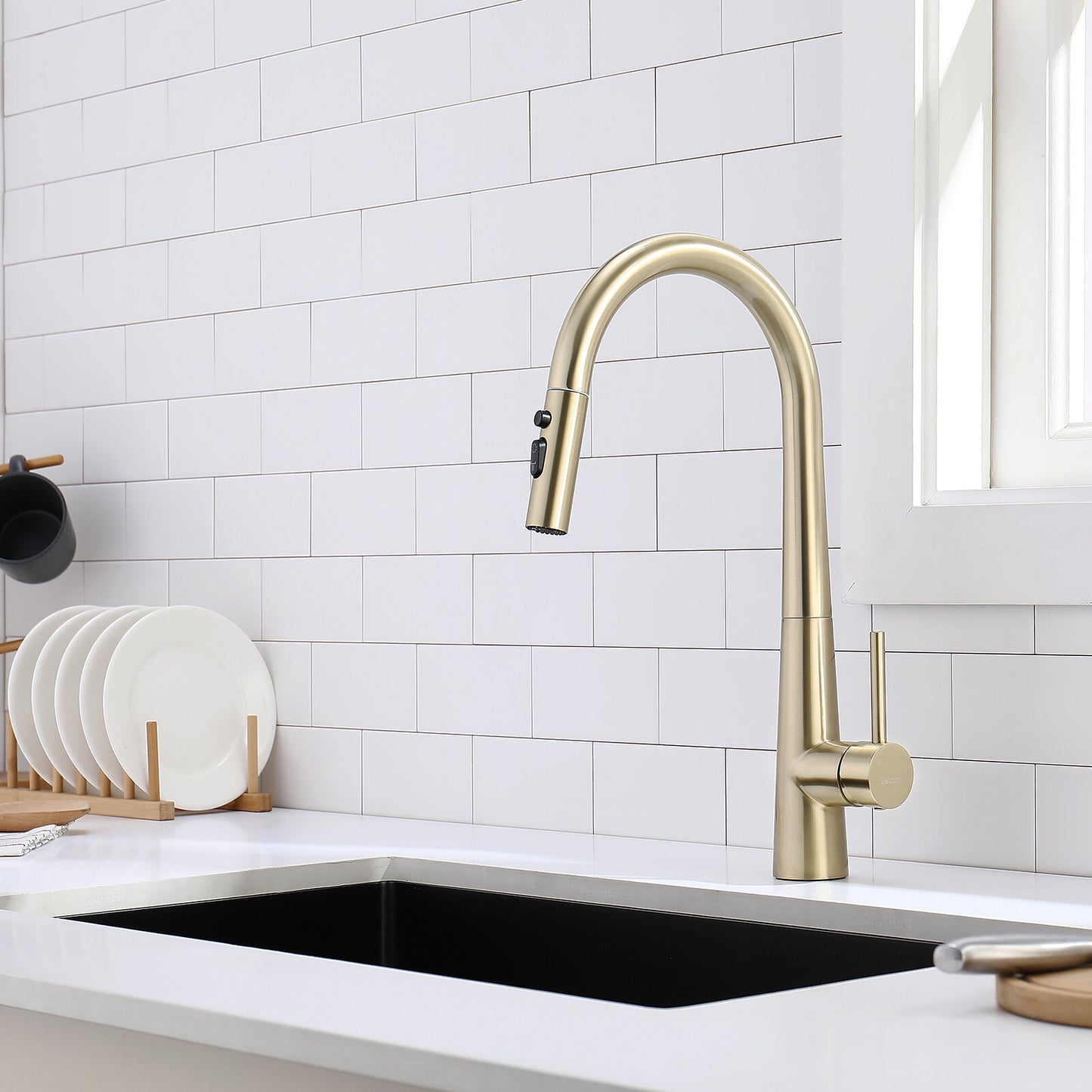 Decaura Kitchen Tap Sink Mixer Faucet Brushed Gold Pull Out 3-Mode Spray Head