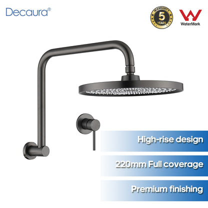 Decaura Bathroom Rain Shower Head Set Round Gooseneck Shower Arm Gunmetal Grey