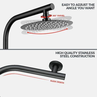 Simplus 8" Rain Shower Head Set Round Gooseneck Shower Arm Wall Mounted Black