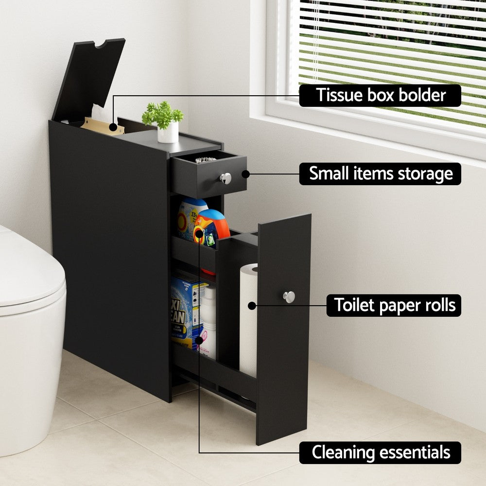 Artiss Bathroom Storage Cabinet Toilet Slim Tissue Box Caddy Side Wooden Black