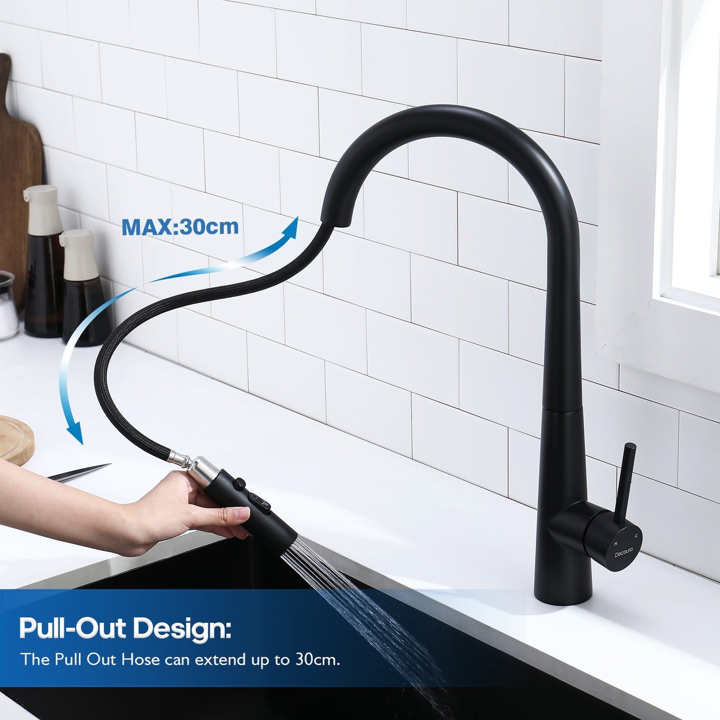 Decaura Kitchen Tap Black Pull Out 3-Mode Spray Head Gooseneck Swivel Arm Luxury