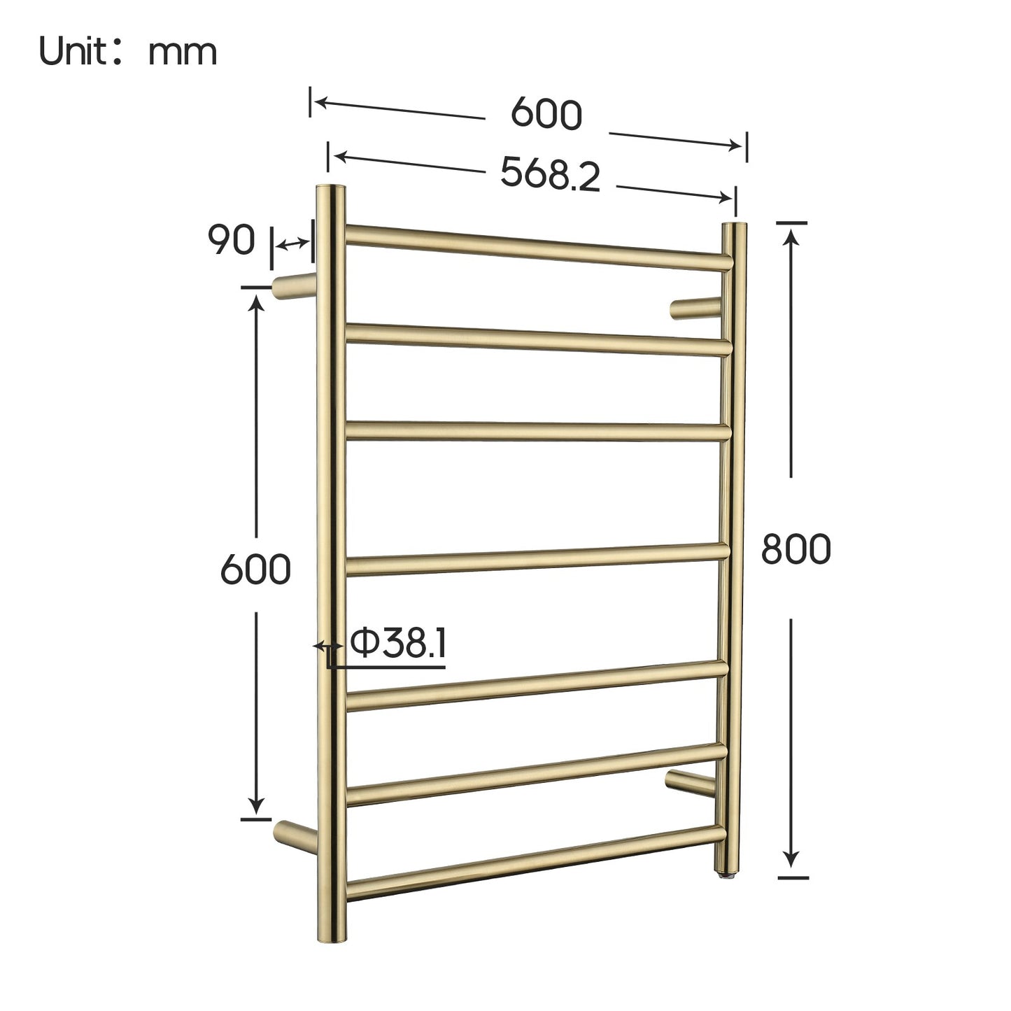 Decaura Wall Mounted Heated Towel Rail Brushed Gold 7 Bars 304 Stainless Steel