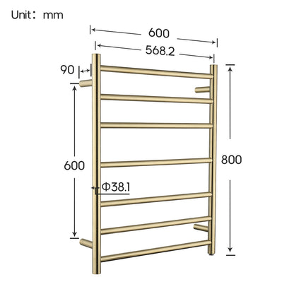 Decaura Wall Mounted Heated Towel Rail Brushed Gold 7 Bars 304 Stainless Steel